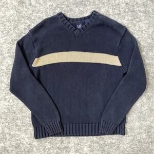 Vintage Y2K GAP pullover knit V-Neck stripe blue beige preppy mens medium